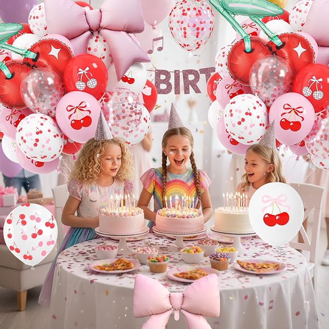 Cherry Balloons, 12 Inch Cherry Party Decorations Red Pink White Print Latex Balloons with Cherry Bow Foil Balloon for She is Cherry on Top Birthday Wedding Fruit Party Decorations