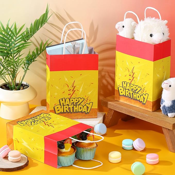 Oudain 24 Pcs Cartoon Animation Party Favor Bags Red Yellow Goodie Treat Gift Bags with Handle Paper Candy Packing for Birthday Lightning Pattern Theme Supplies Baby Shower Decorations