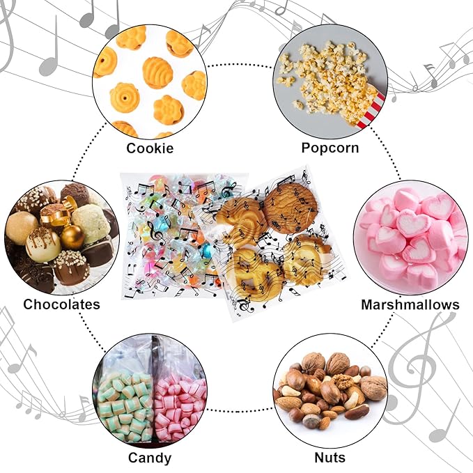 Supervitae 200 Pcs Music Notes Cellophane Cookie Bags Bulk 4 x 4 Inch Self Adhesive Treat Bags Treat Clear Goodie Gift Wrapping for Music Theme Party Favor Supplies Snacks Bakery Candy Packaging