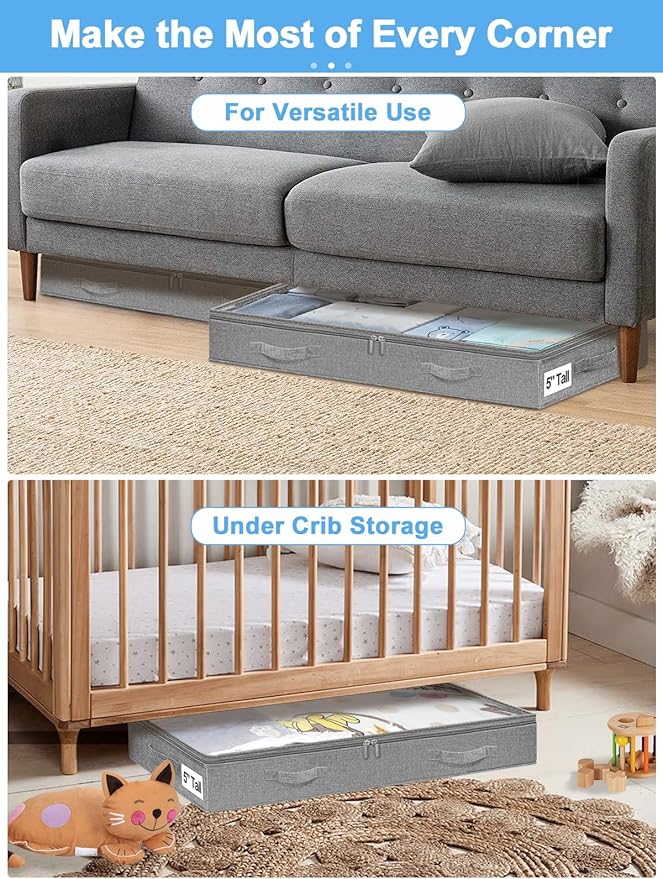 punemi 5 Inches High Low Profile Under Bed Storage Containers，No-Structure,Soft Fabric Zippered Underbed Storage bins for Clothes and Blankets— Fits Under Crib, Couch or Dorm bed,2-Pack,Grey