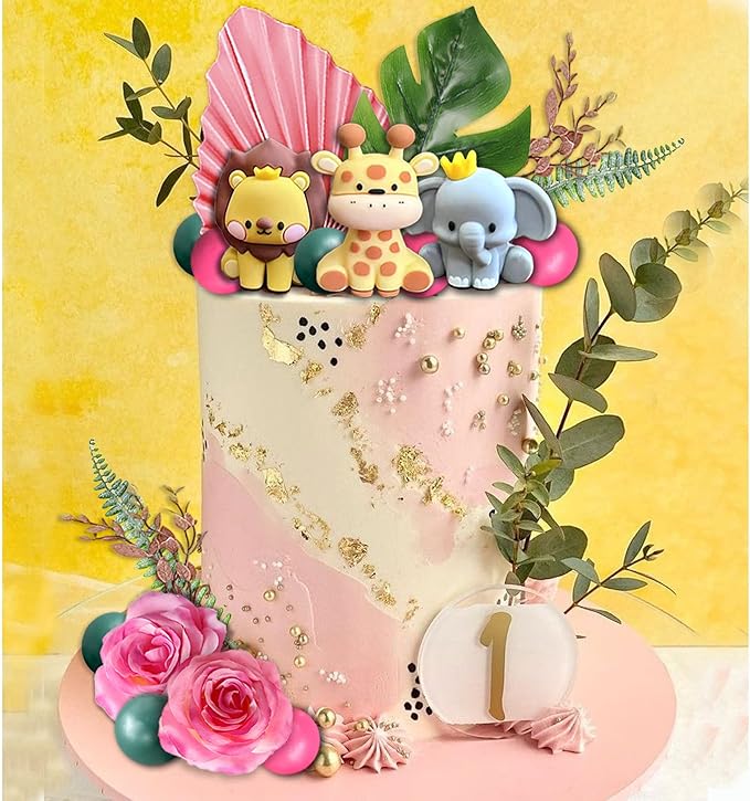 22pcs Safari Jungle Animal Cake Toppers Flower Balls Cake Decoration with Boho Palm Leave Forest Animal Toys and Artificial Flowers for Boys Girls Safari Theme Birthday Party Supplies