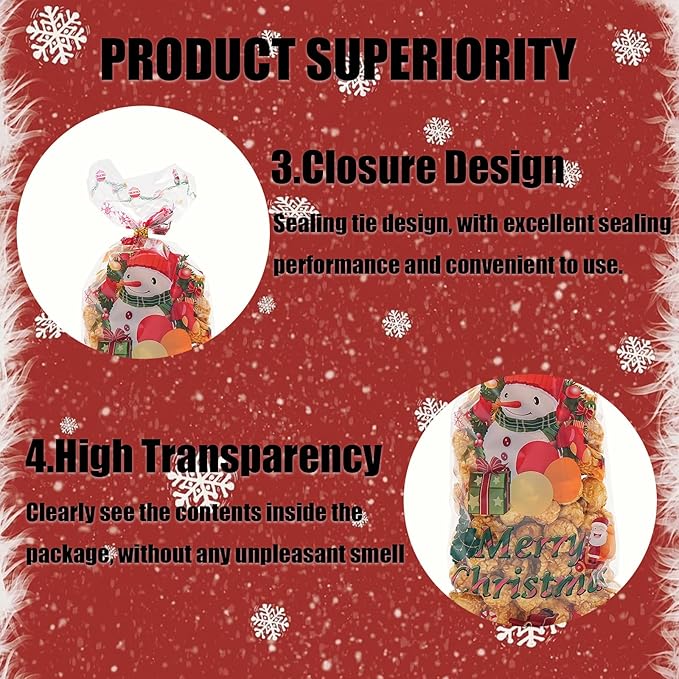 EatnMgan 200Pcs Christmas Cellophane Treat Bags,Cellophane Bags,Santa Claus Goodie Candy,Xmas Party Favors Bags Cellophane Candy bags with 220Pcs Twist Ties for Christmas Party Supplies