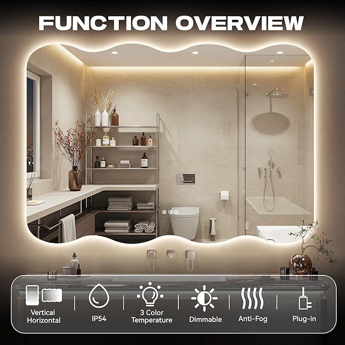 Hasipu Wavy Full Length Mirror with Lights - 55"×30" LED Wavy Floor Mirror, Frameless, Dimmable, Standing or Vertical/Horizontal Wall-Mounted Mirror for Bedroom, Living Room, Cloakroom