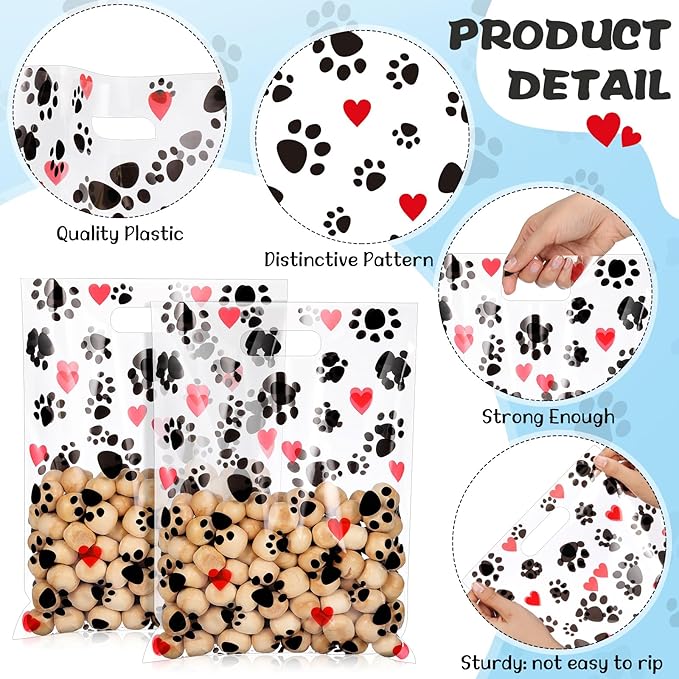 Pasimy 100 Pcs Puppy Dog Paw Gift Bags Plastic Paw Treat Goodie Bags with Handles 9 x 12 Inch for Birthday Holiday Party Favor Supplies Shopping Gift Merchandise Grocery Home Using (Black Red)