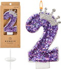 Birthday Number Candles,Purple Crown Birthday Candles for Cake,Glitter Number 2 Candle Cake Topper with Sequins for Anniversary Celebrations Supplies