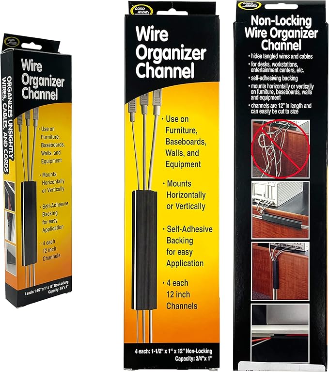 Electriduct Small J Channel Cable Raceway Self Adhesive Desk Cord Organizer and Wire Manager for Computer, Gaming and Entertainment Centers Kit - Brown - (4) x 12" Piece Kit