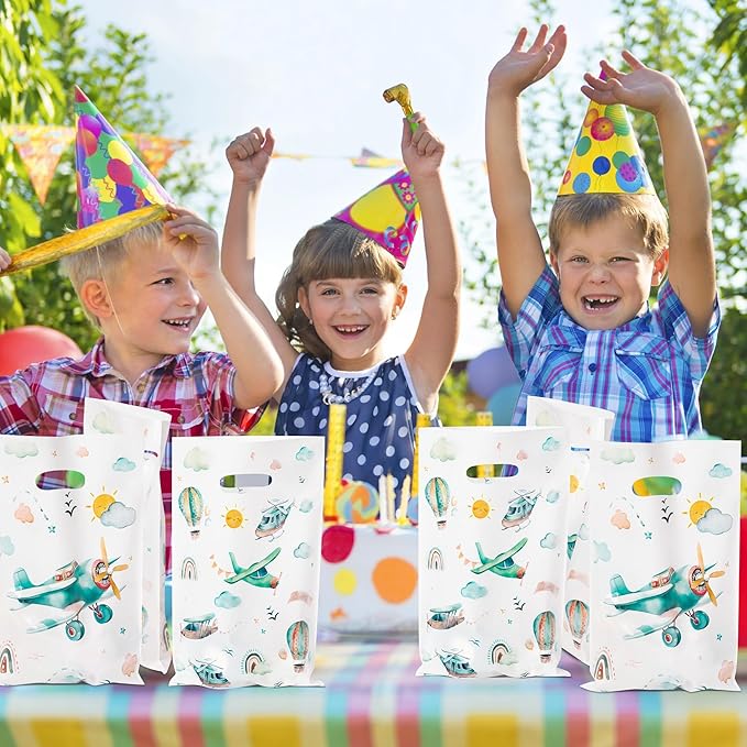 Airplane Party Favor Bags - 50Pcs Plastic Snack Candy Treat Gift Bag with Handles Cute Boho Airplane Themed Party Supplies Decor for Baby Shower Kids Birthday