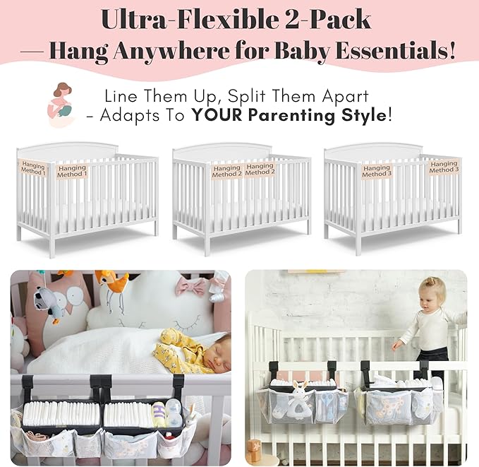 2-Pack Hanging Diaper Organizer for Crib, Playpen, Bassinet | Hold 50+ Diapers, Baby Diaper Caddy for Changing Table, Washable Newborn Essentials Organizer with Hook Straps, Ideal Baby Shower Gifts