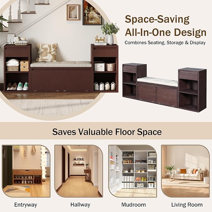 Merax All-in-One Shoe Storage Bench with Cushion & Flip Compartments, Entryway Bench with Drawers and Open Shelves, Solid Wood Storage Bench for Mudroom Hallway Living Room, Espresso