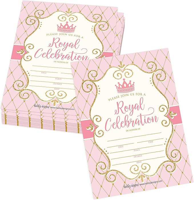 Hadley Designs Kids Birthday Invitations Girl Princess Theme - 25 Royal Birthday Party Invitations For Girls, Princess Invites For Girls, Cute Party Supplies, Made in USA