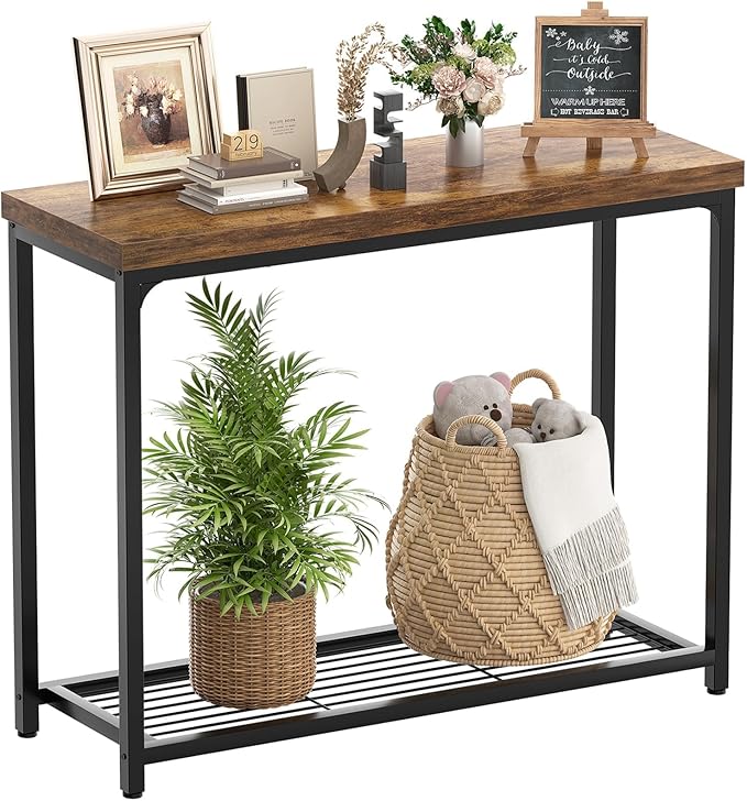 Besiost 32" Small Console Table with 2-Tier Storage, Industrial Narrow Entryway Table, Sofa Table Behind Couch for Hallway, Foyer & Living Room, Sturdy Metal Frame, Rustic Brown