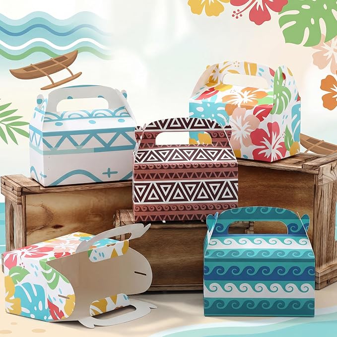 AmazingSpark 12 Pack Hawaiian Party Favor Boxes with Handle, Cartoon Hibiscus Floral Candy Gift Boxes for Tropical Luau Aloha Summer Beach Birthday Baby Shower Decorations