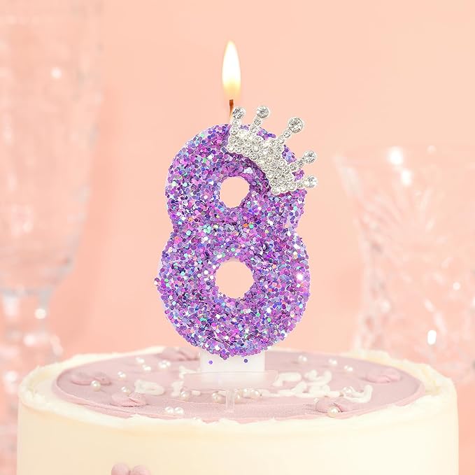 Birthday Number Candles,Purple Crown Birthday Candles for Cake,Glitter Number 8 Candle Cake Topper with Sequins for Anniversary Celebrations Supplies