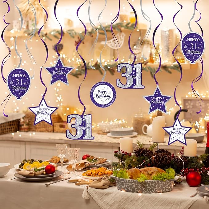 Happy 31st Birthday Purple & Silver Glitter Swirls Streamers Party Decorations - 15 Pcs 31st Birthday Hanging Swirls Streamers Kit,Perfect for 31st Bday Party Sign.