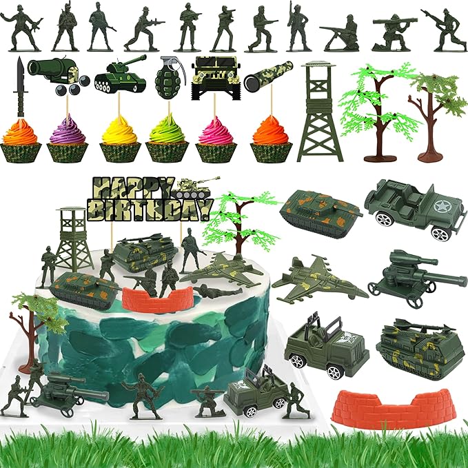 35pcs Camo Cake Cupcake Toppers Camouflage Cake Decorations Army Military Party Supplies with Camo Happy Birthday Cake Topper Army Men Tanks Vehicles for Army Military Themed Party Boys Girls Veteran