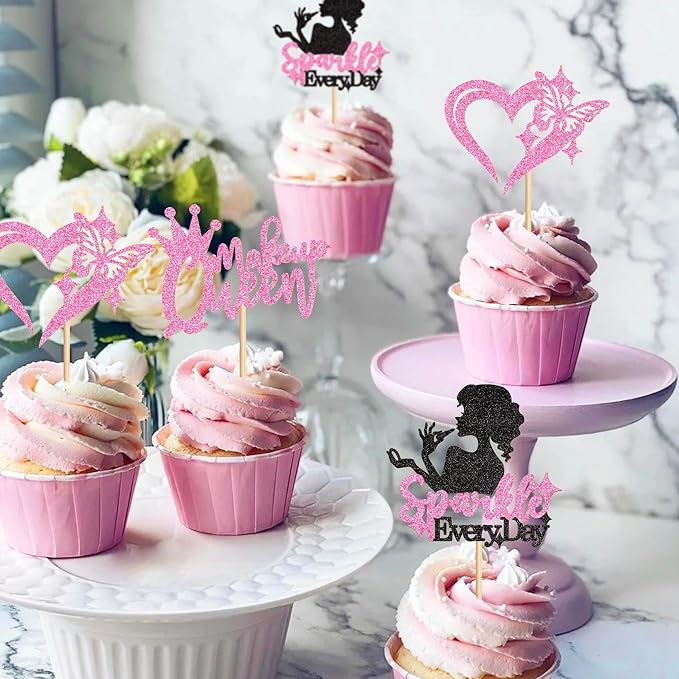 Ercadio 24Pcs Makeup Girl Cupcake Toppers Glitter Pink Makeup Queen Cupcake Picks for Make-up Artist Birthday Cupcake Decorations Fashion Girls Cosmetics Make-up Party Supplies