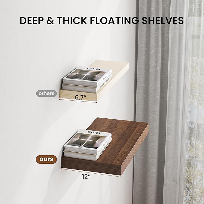 Dreamland 40" Floating Shelves for Wall, 12" Deep Thicker Walnut Floating Shelves, Wall-Mounted Shelves for Bedroom, Living Room, Kitchen, Bathroom - Set of 2