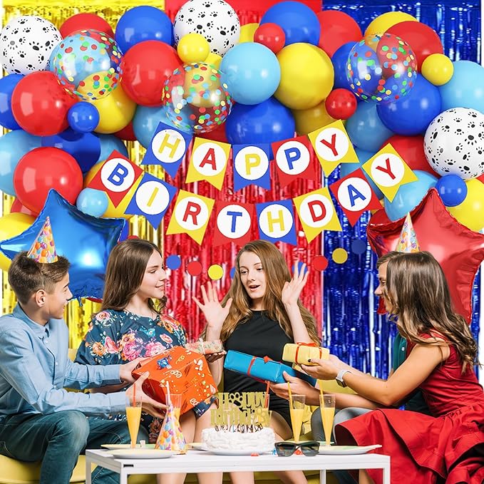 Birthday Decorations for Boys, Dog Party Decorations Red Yellow Light Blue Star Foil Balloons Happy Birthday Banner Fringe Curtain Backdrop for Kids Boy Carnival Cartoon Theme Party Supplies
