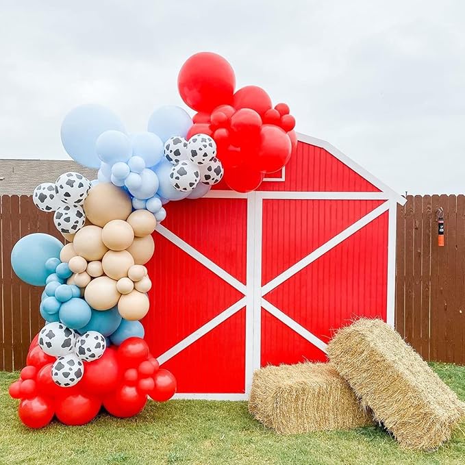 Farm Animal Theme Balloon Garland Arch Kit Red Blue White Latex Balloons Garland with Cow Print Balloons for Kid Barn Yard Farmhouse Country Western Cowboy Birthday Party Supplies Decoration