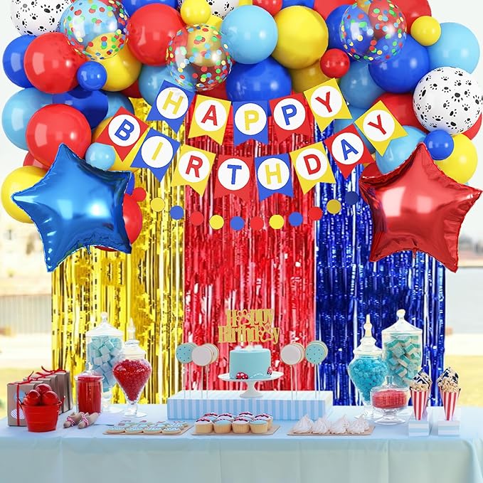 Birthday Decorations for Boys, Dog Party Decorations Red Yellow Light Blue Star Foil Balloons Happy Birthday Banner Fringe Curtain Backdrop for Kids Boy Carnival Cartoon Theme Party Supplies