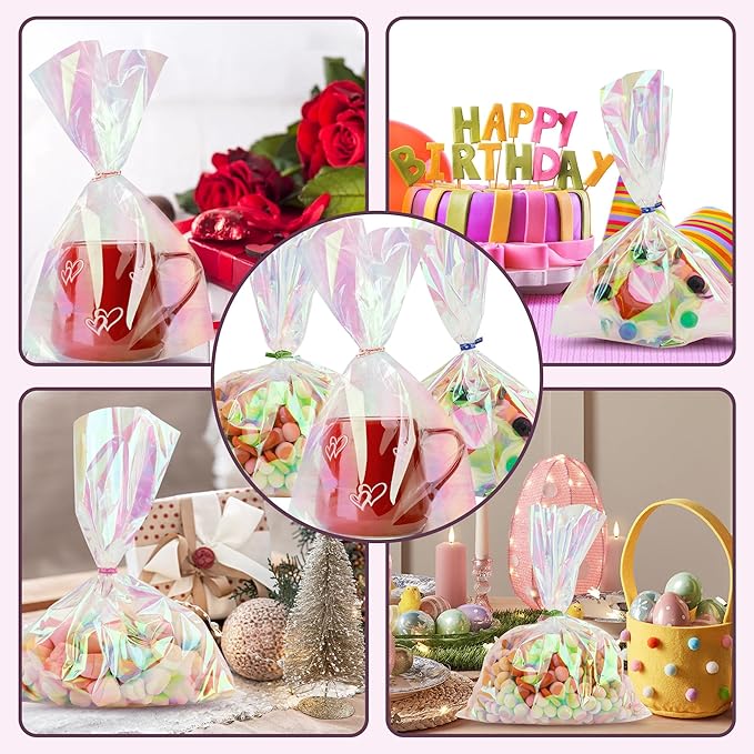 50 PCS Holographic Bags(8x11 Inch) with Colorful Ties, Clear PLastic Iridescent Cellophane Goodie Gift Treat Candy Goody Cookie Bags for Holiday Birthday Valentines Party Favors Supplies Decorations