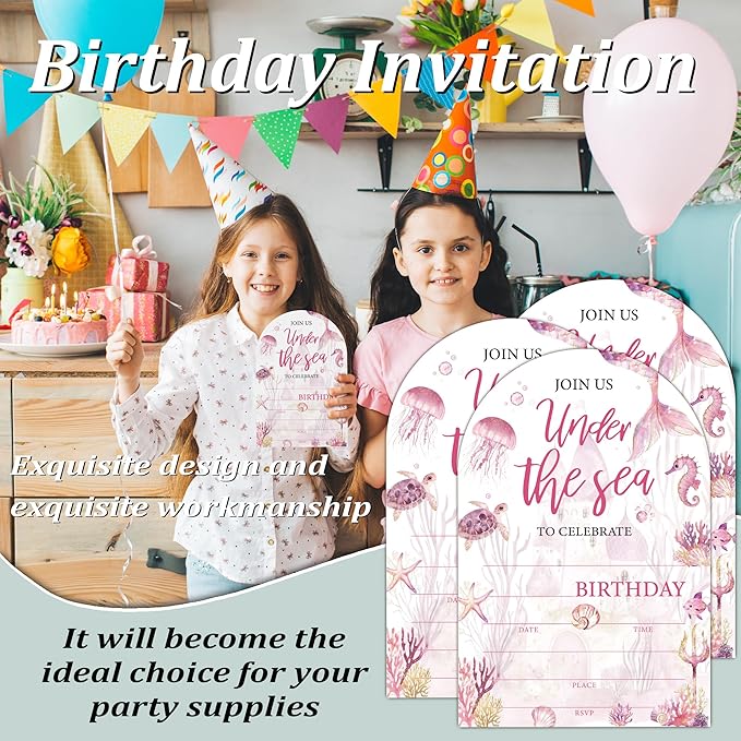 Under The Sea Birthday Party Invitations, Ocean Animals Mermaid Birthday Invitations for Girls, 20 Invitation Cards with Envelopes, Under the Sea Party Decorations 4x6 Inch