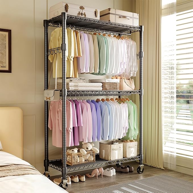 3-Tier Rolling Metal Garment Rack with Adjustable Shelves and Dual Hanging Rods, Heavy Duty Freestanding Clothing Organizer with Wheels for Bedroom, Closet, Dorm, or Laundry Room