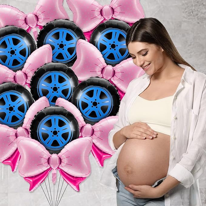Lewtemi 16 Pcs Burnouts or Bow Foil Balloons Sets Black Blue Car Wheel Gender Reveal Bow Balloons for Baby Shower Gender Reveal Wedding Birthday Party Decoration