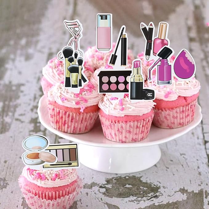 Ercadio 36Pcs Double-Sided Makeup Cupcake Toppers Lipstick Cosmetics Cupcake Picks Eye Shadow Eyelash Curler Food Picks for Girls Makeup Birthday Bridal Shower Bachelorette Party Decorations Supplies