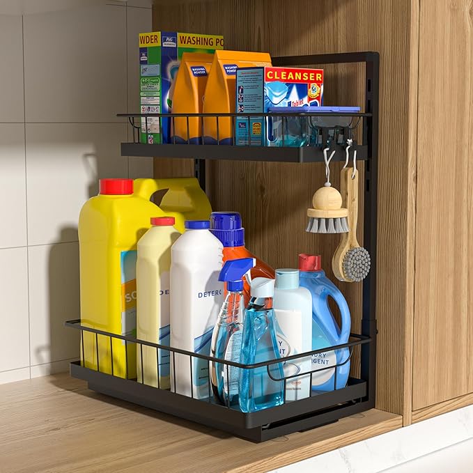 WOWBOX Under Sink Organizer 1 Pack, 2-Tier Cabinet Organizer for Kitchen, Bathroom, Slide Out Drawer Under Sink Organizers and Storage, Metal Organizing Rack for Pantry, Cabinet, Closet