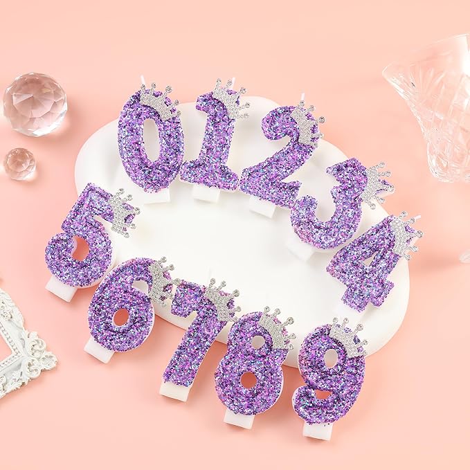 Birthday Number Candles,Purple Crown Birthday Candles for Cake,Glitter Number 3 Candle Cake Topper with Sequins for Anniversary Celebrations Supplies