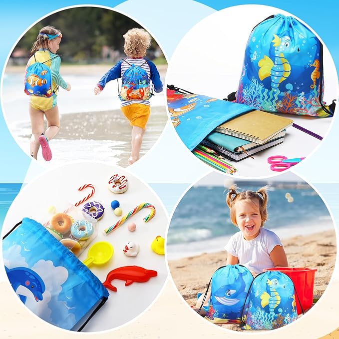 Sanwuta 18 Pcs Under the Sea Party Favor Bags Goodie Ocean Gift Drawstring Bags Beach Sea Animal Candy Treat Drawstring Backpack for Summer Birthday Party Decor Baby Shower Supplies (Classic Style)