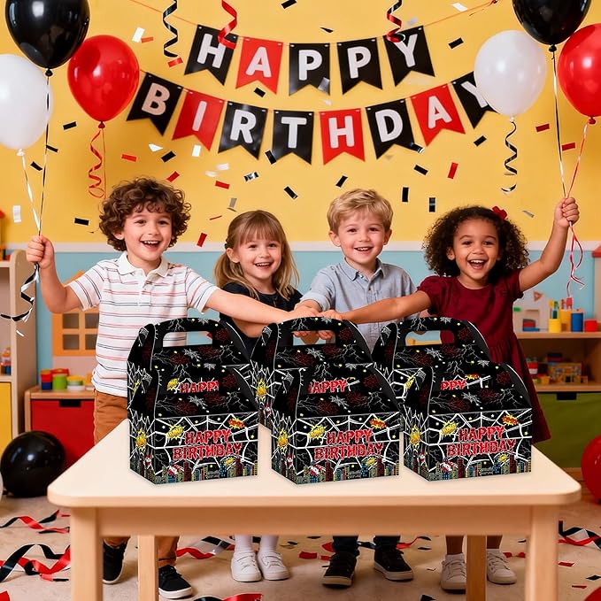 KMZFPYJ Black Spider Web Birthday Party Supplies, 20-Pack Party Favor Boxes for Kids Birthday, Double Sided Printed,Kraft Candy Treat Goodie Boxes For Party Baby Shower Decorations Supplies