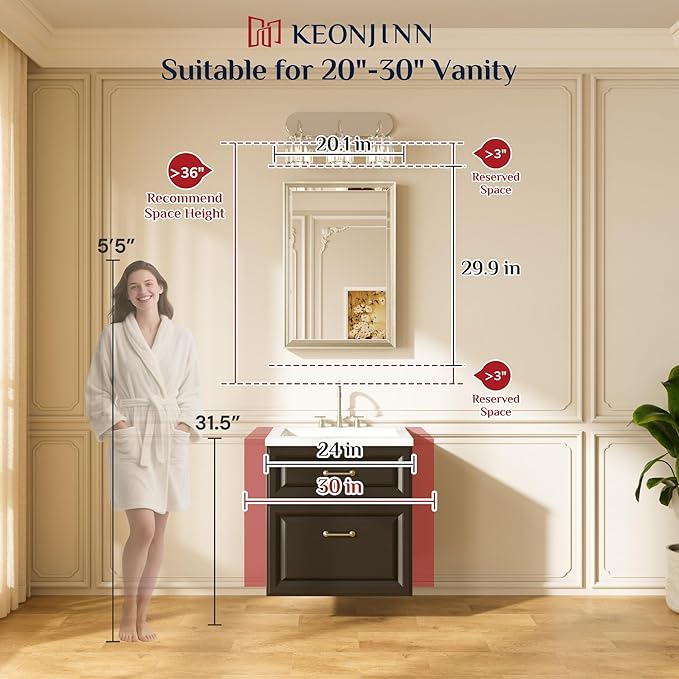 Keonjinn Black Bathroom Mirrors for Over Sink, 20" x 30" Black Framed Mirror for Wall, Tempered Glass Beveled Edge, Aluminum Alloy Frame, Shatterproof, Farmhouse Rectangular Bathroom Vanity Mirror