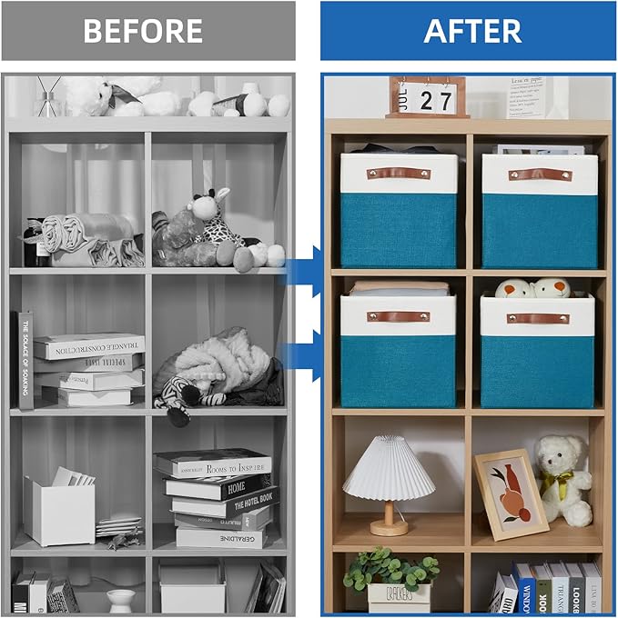 Temary Storage Cube Bins 11 Cube Storage Bins Storage Baskets for Closet, Shelves 4 Pack Fabric Organizer Bins with Leather Handles(White&Teal)