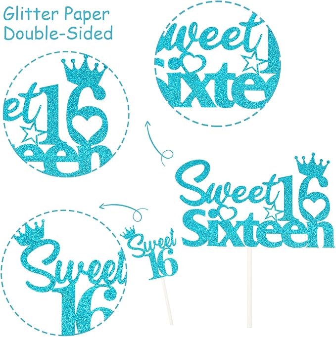 25 Pack 16th Birthday Cake Decorations, Sweet 16 Sixteen Cake Topper, Happy Birthday Sweet 16 Cupcake Toppers Teal Turquoise Blue for Boys Girls Happy 16th Birthday Party Supplies