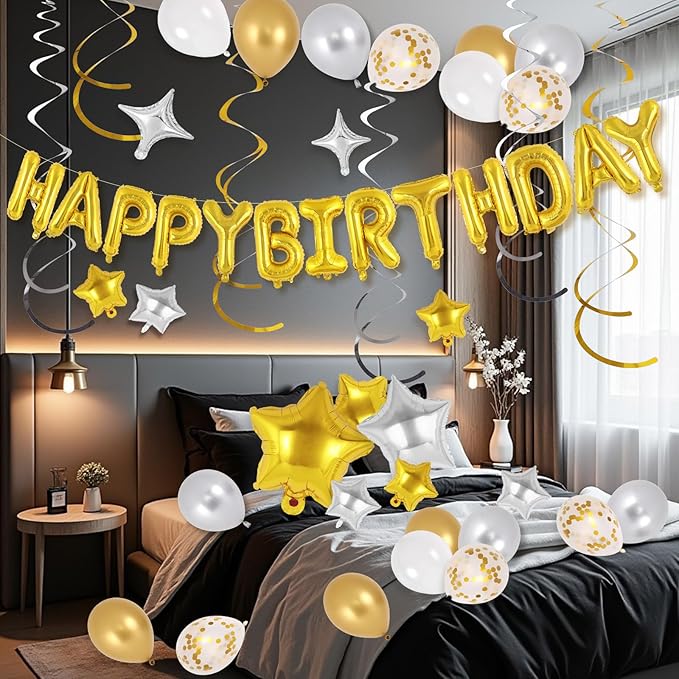 55 Pcs Happy Birthday Balloons Letters Banner with 35 Pcs Star Foil Balloon, 20 Pcs Latex Balloons, 6 Hanging Swirls for Women Men Boys Girls Birthday Party Decorations Set ﻿ (Gold)
