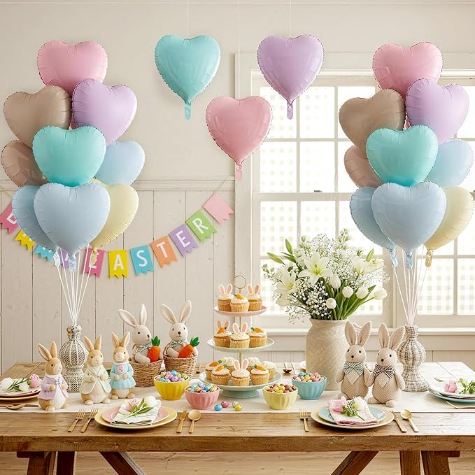 Pastel Heart Balloons, 12 Pcs Rainbow Macaron Pink Blue Green Purple Yellow Apricot Heart Shape Foil Balloon, 18 Inch Pastel Colorful Helium Balloon for Baby Shower Birthday Easter Bridal Shower Party