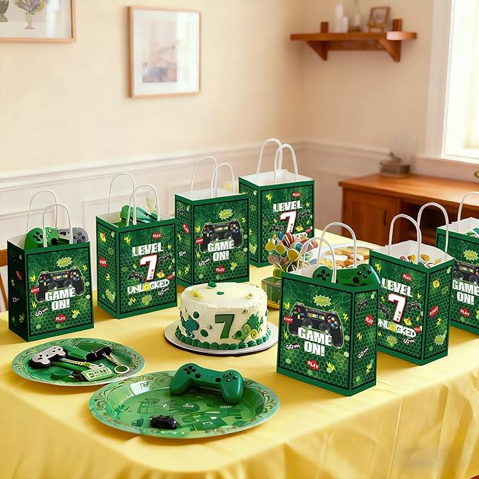 Grencian 16 PCS Video Game 7th Birthday Party Favor Bags Green Video Game Candy Treat Gift Goodie Bags with Handles Level 7 Birthday Decorations for Boys Kids 7 Year Old Video Gamer Party Decorations