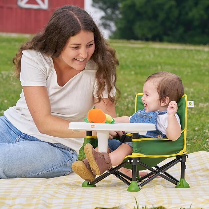 Bright Starts John Deere Pop 'N Sit Portable Booster Chair, Floor Seat, Indoor/Outdoor Use, Compact Fold, Green and Yellow, 6 Mos - 3 Yrs