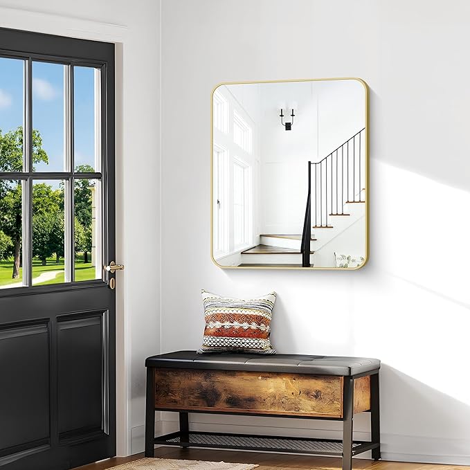 Gold Bathroom Mirror,30x36 inch Wall Mirror for Bathroom Wall Mounted,Round Rectangle Mirror for Bathroom Over Sink,Modern Frame for Home Decor Living Room,Bedroom Entryway,Horizontal/Vertical