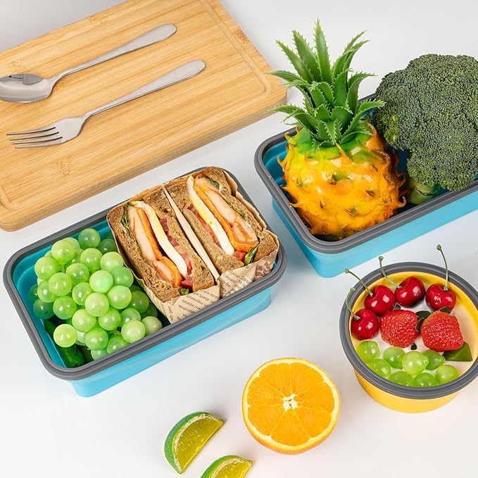 Collapsible Silicone Food Storage Containers Set with Lid & Air Vent,Foldable Lunch Containers(4PCS,Blue,40oz)