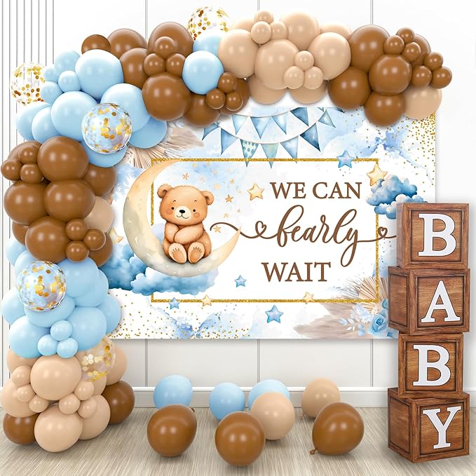 DataMoon We Can Bearly Wait Baby Shower Decorations - Baby Boxes with Letters,Boho Balloons,We Can Bearly Wait Backdrop,Tablecloth for Teddy Bear Baby Shower,Birthday Supplies,Gender Reveal