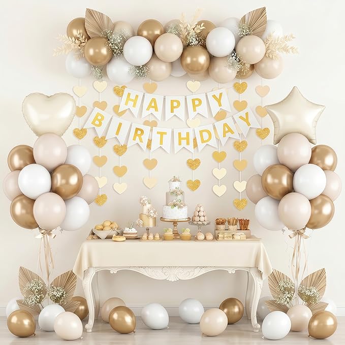 White and Gold Birthday Party Decorations for Women Girls Metallic Gold White Sand Balloon Set with Star Heart Foil Balloons Happy Birthday Bunting Banner Garland Neutral Cream Beige Party Decor Kit
