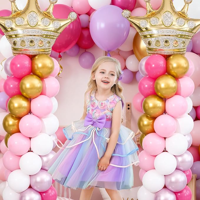 Princess Pink and White Gold Balloon Column Stand Kit Set of 2 for Floor Princess Birthday Party Balloon Arch Kit with 125PCS Hot Pink White Gold Balloon Towers for Girl Birthday Party Decorations