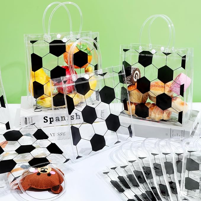 Lonfliness 24Pcs Soccer Clear PVC Gift Bags With Handles Bulk Sport Theme Goodie Treat Candy Bags Team Present Wrap Tote Bags for Boys Birthday Party Favor Baby Shower Decorations Supplies 8 x 8 x 3in