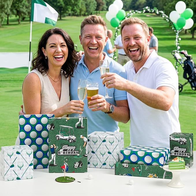 WERNNSAI Golf Wrapping Paper Rolls - 3 Rolls 17” x 10FT Golf Gift Wrap for Dad Men Birthday Father's Day Sport Golfball Golfing Theme Party Retirement Gifts Green Golfball Design