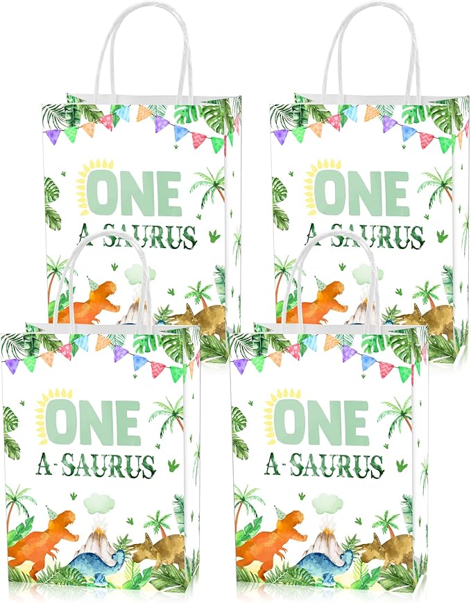 Roselush 16 Pcs One a Saurus Dinosaur 1st Birthday Goodie Bag,Dinosaur 1st Birthday Gift Snacks Treat Candy Party Favors Bags for Kids First Bday Party Decorations Supplies