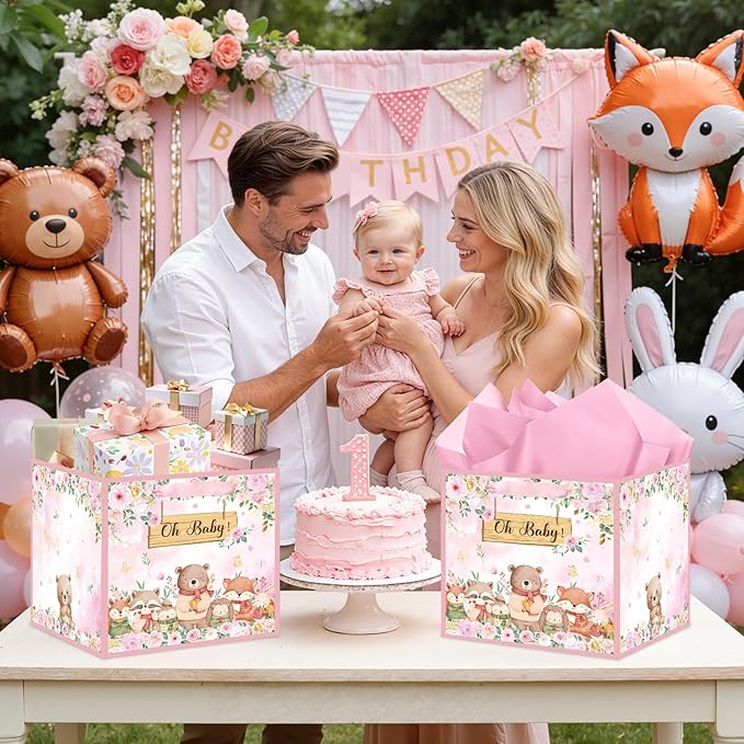 Extra Large Woodland Animal Baby Gift Bags for Girls, Pink Floral Woodland Square Gift Bag with Tissue Papers Jumbo Forest Animal Present Bag for New Baby Girls Gender Reveal Party Favors, 12*12 Inch