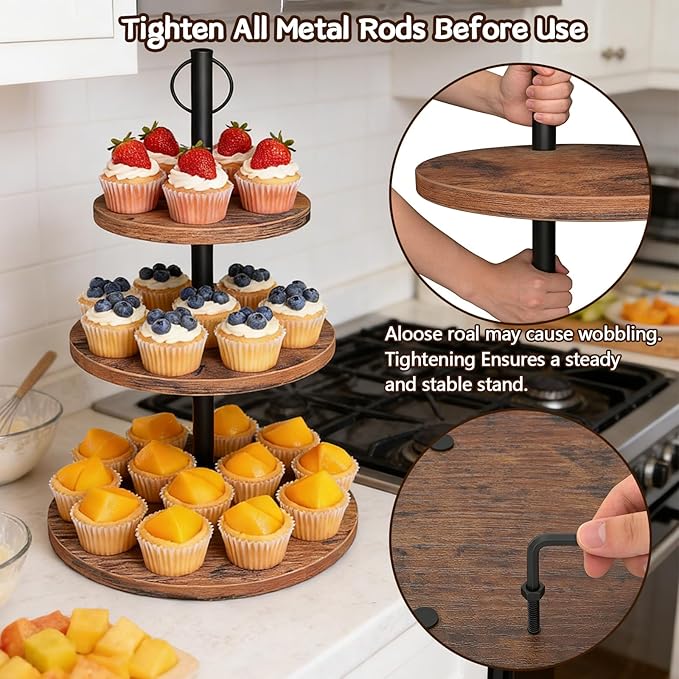 Cupcake Stand, 3 Tier Cake Stands Rustic Wood Cupcake Tower Round Tiered Tray Stand for Dessert Table Display, Industrial Wooden Serving Stand Wedding, Graduation and Baby Shower